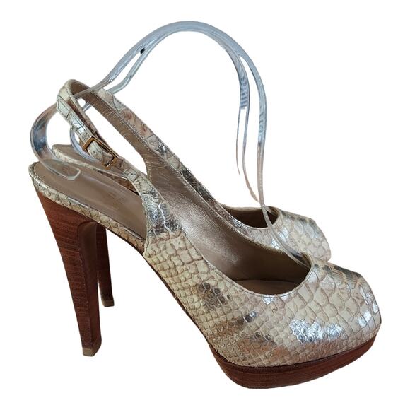 Stuart Weitzman Snakeskin Peep Toe Slingback Wood Platform 5" Pump Heels Sz 7.5 - Picture 4 of 10